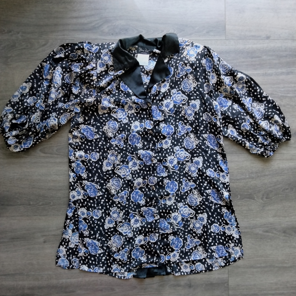 Vintage 80s Diane Freis Georgette Floral Polyester Button Down Tunic Size S/M